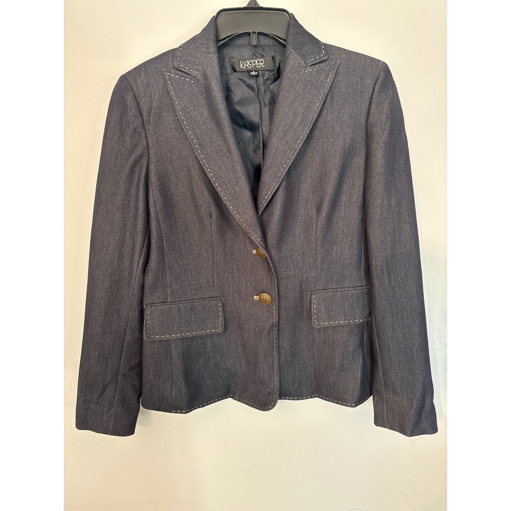 Kasper Blazer Women 4 Blue Excellent Denim Look Contrast Stitch Gold Button